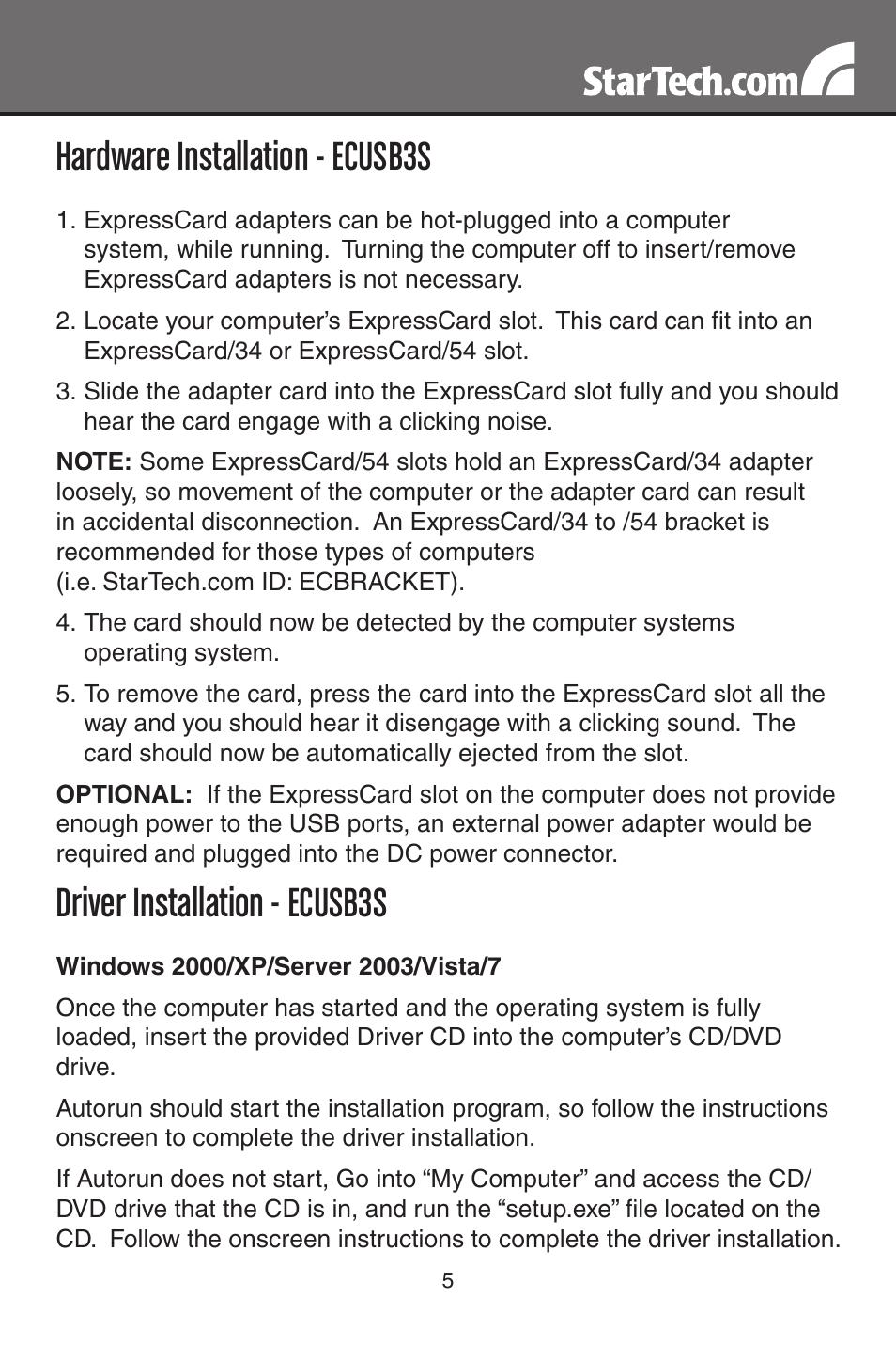 Hardware installation - ecusb3s, Driver installation - ecusb3s | StarTech.com SATDOCKU3S User Manual | Page 8 / 15