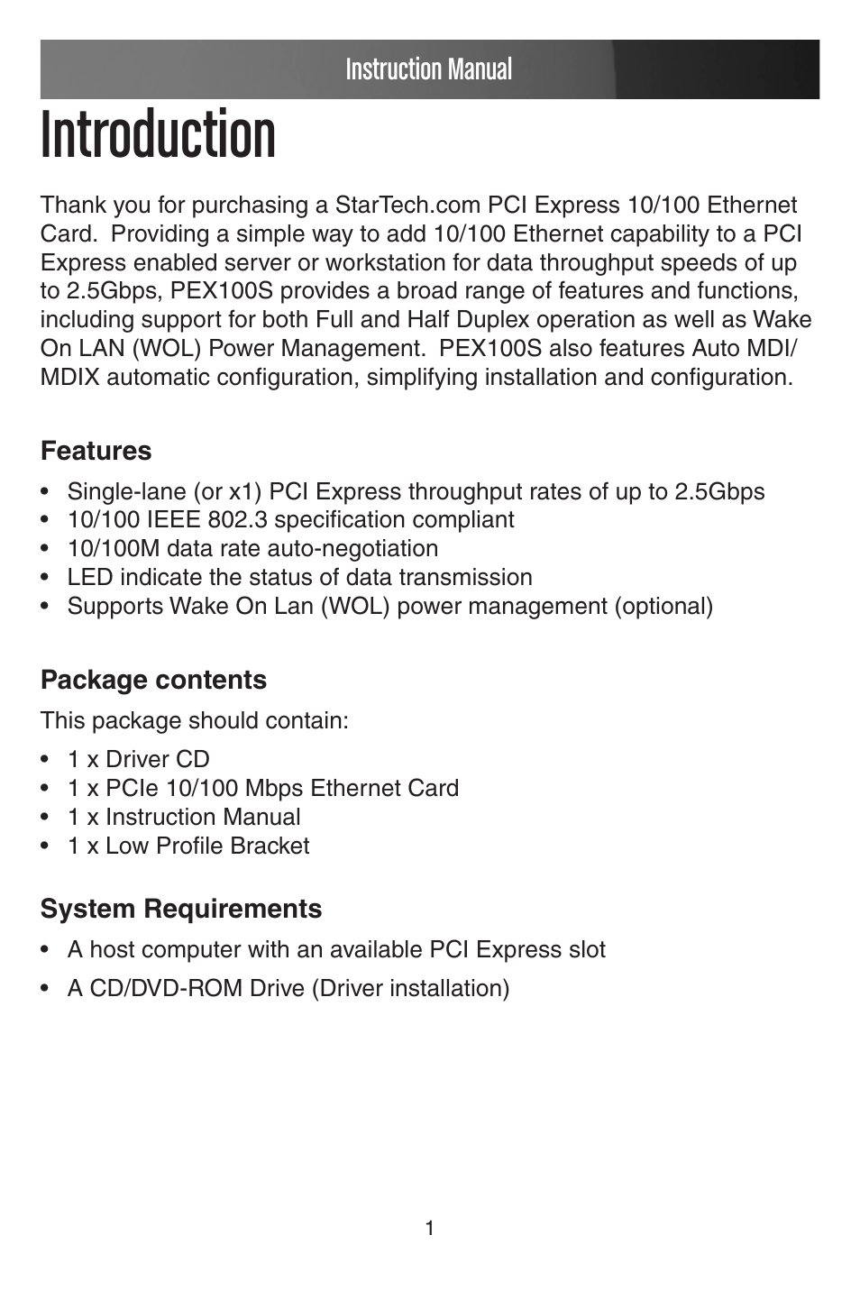 Introduction, Instruction manual | StarTech.com PCI EXPRESS 10/100 PEX100S User Manual | Page 4 / 11