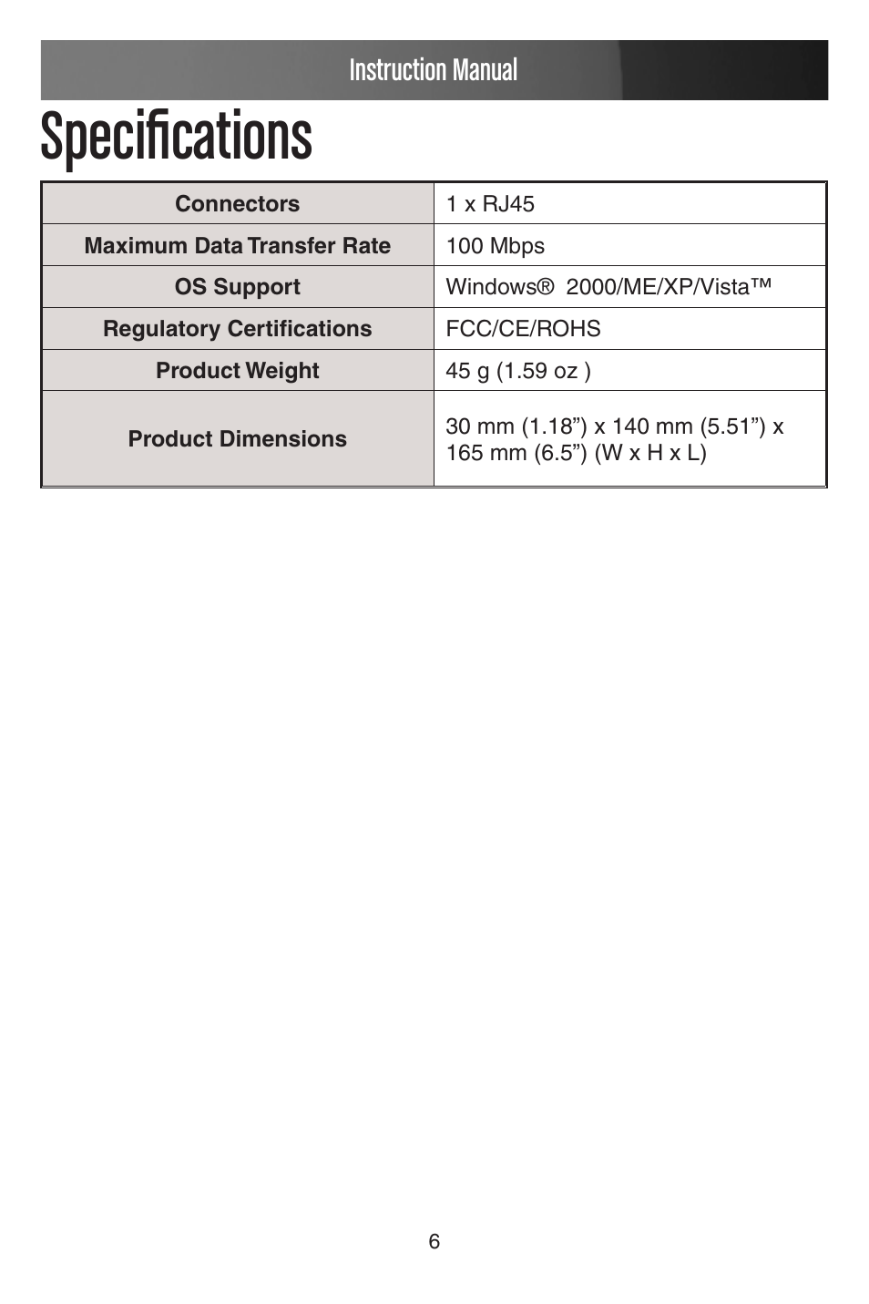 Specifications, Instruction manual | StarTech.com PCI EXPRESS 10/100 PEX100S User Manual | Page 9 / 11