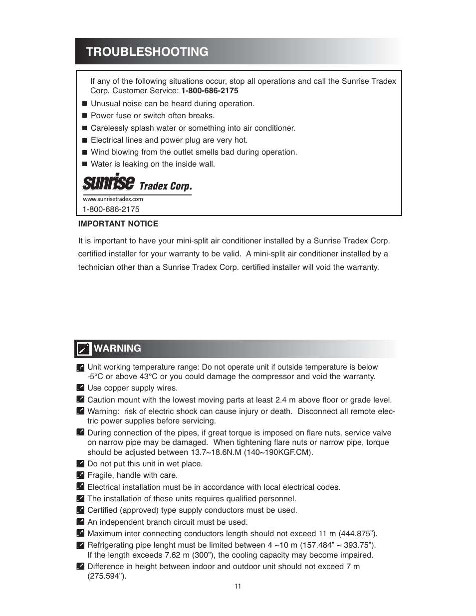 Troubleshooting, Tradex corp | Sunrise Global 13-05024 User Manual | Page 12 / 24