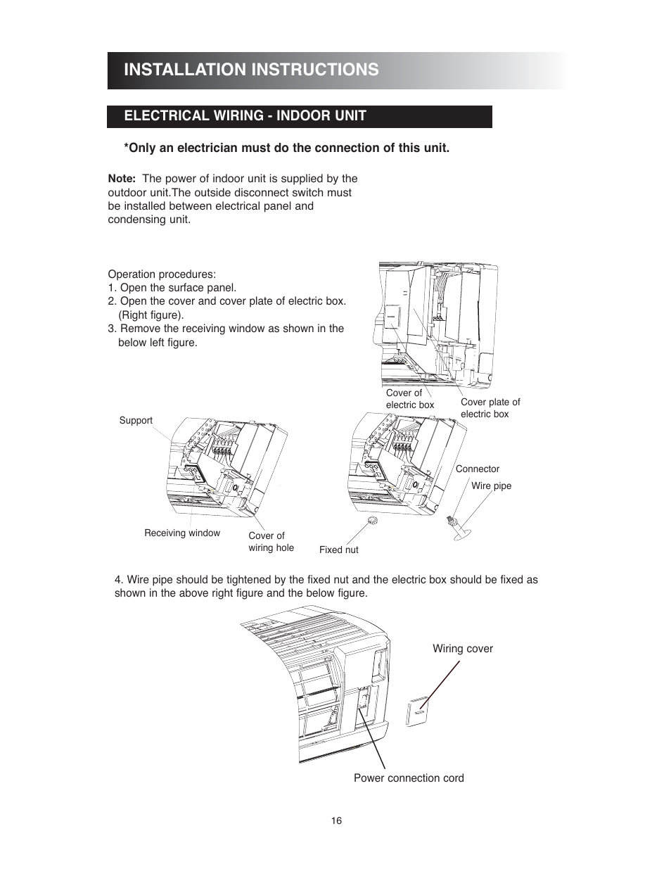 Installation instructions, Electrical wiring - indoor unit | Sunrise Global 13-05024 User Manual | Page 17 / 24