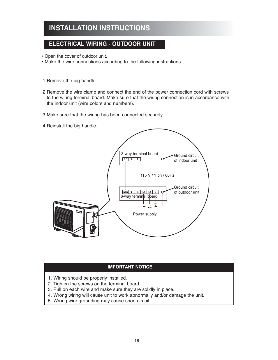 Installation instructions, Electrical wiring - outdoor unit | Sunrise Global 13-05024 User Manual | Page 19 / 24