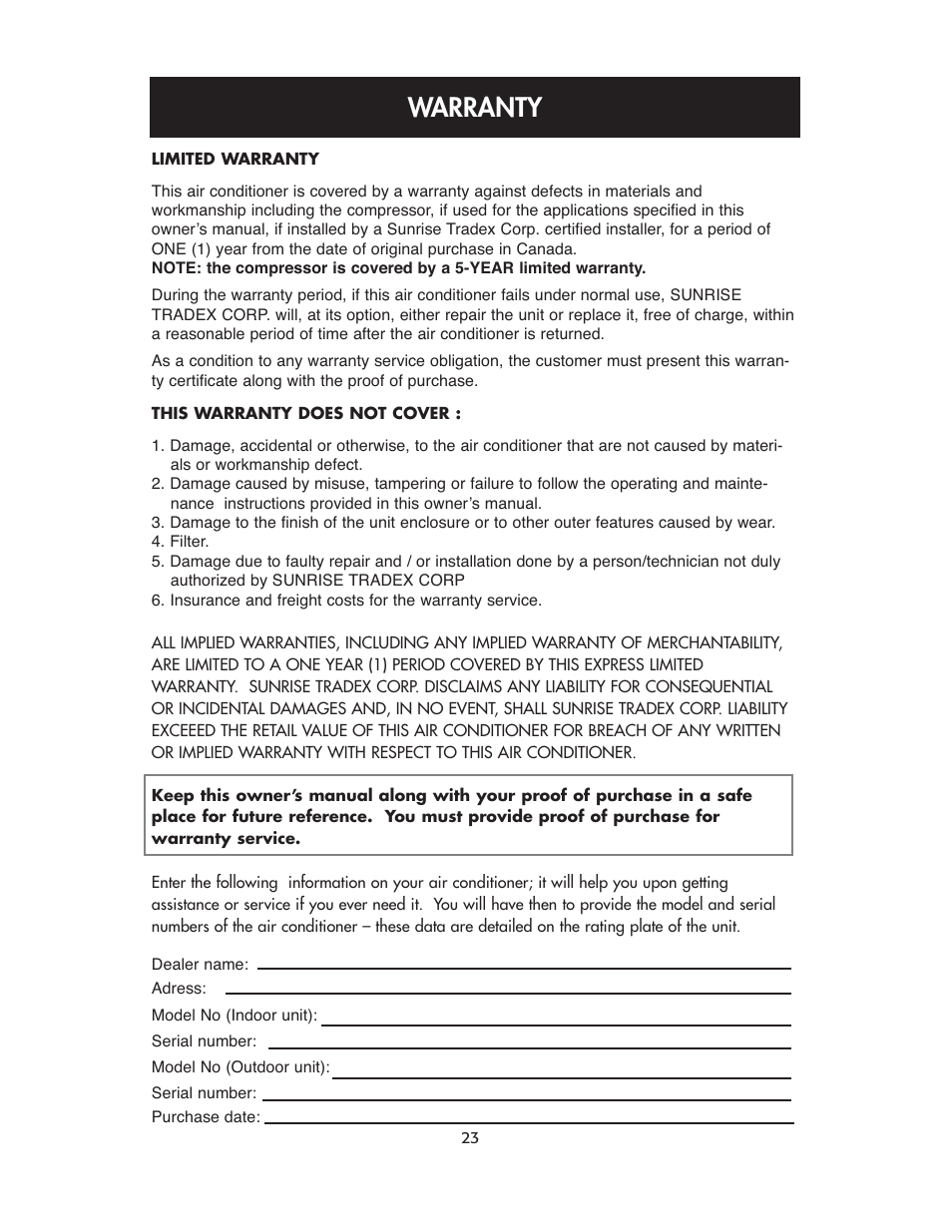 Warranty | Sunrise Global 13-05024 User Manual | Page 24 / 24