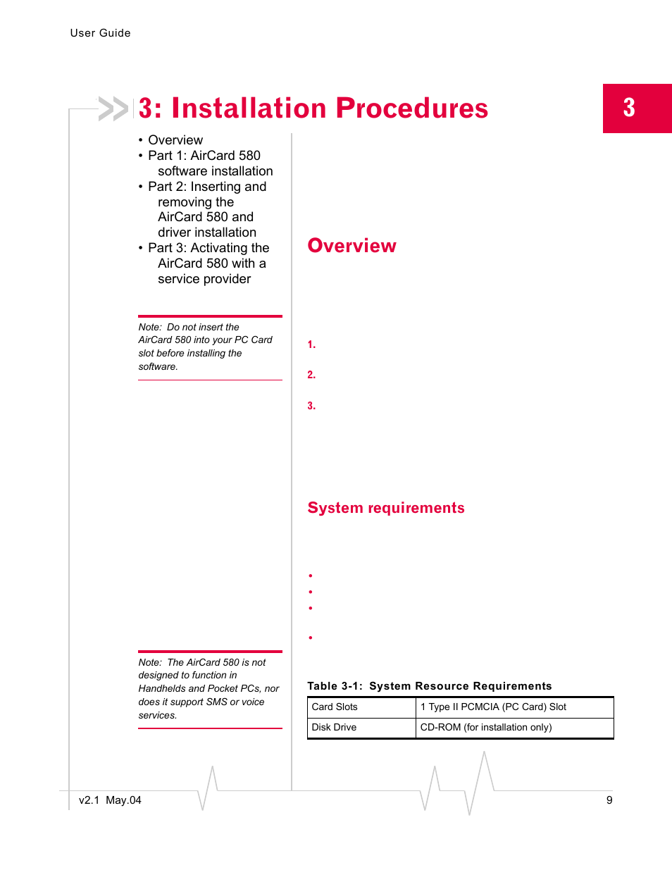 Installation procedures, Overview, Part 1: aircard 580 software installation | System requirements | Standers 580 User Manual | Page 17 / 62