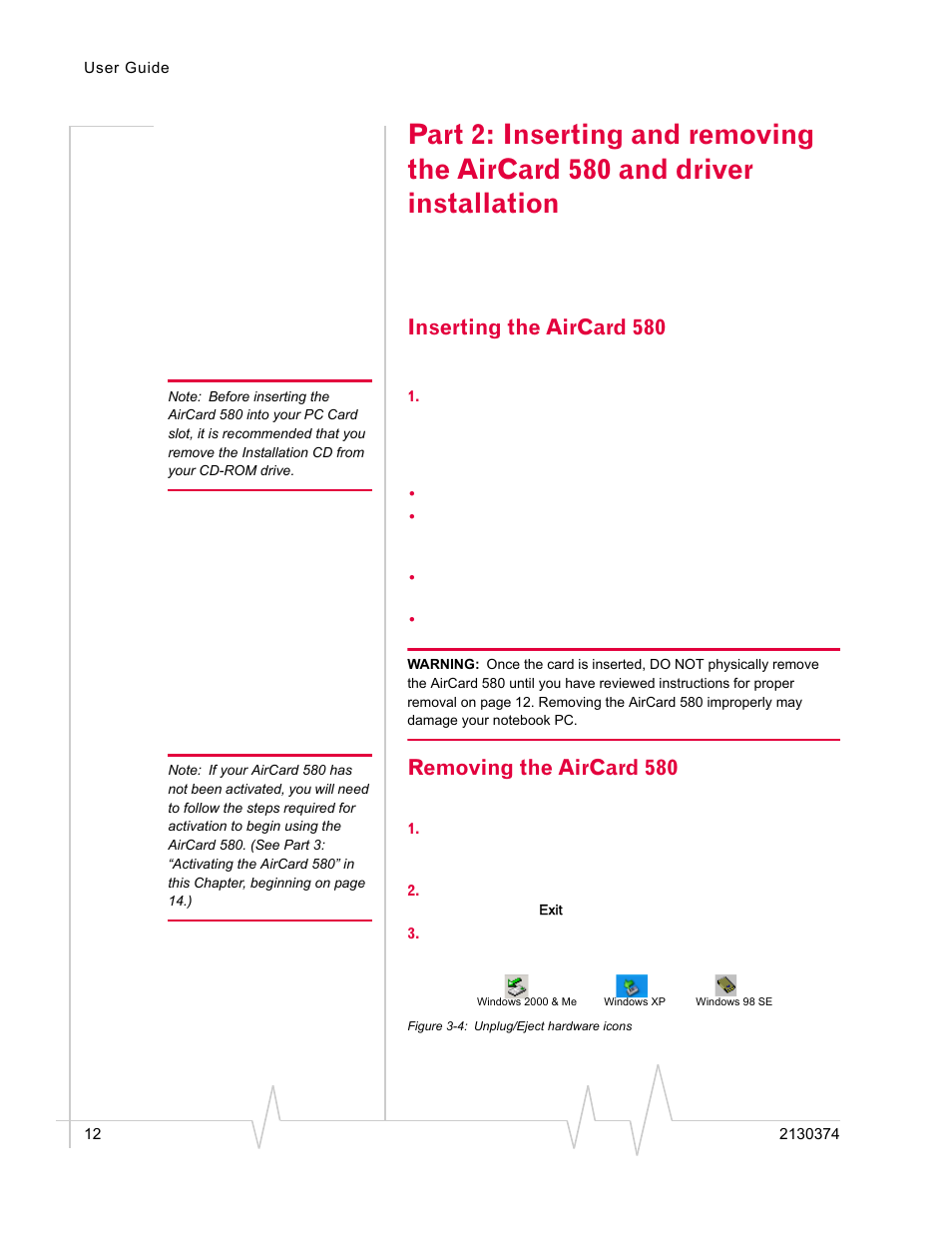 Inserting the aircard 580, Removing the aircard 580 | Standers 580 User Manual | Page 20 / 62
