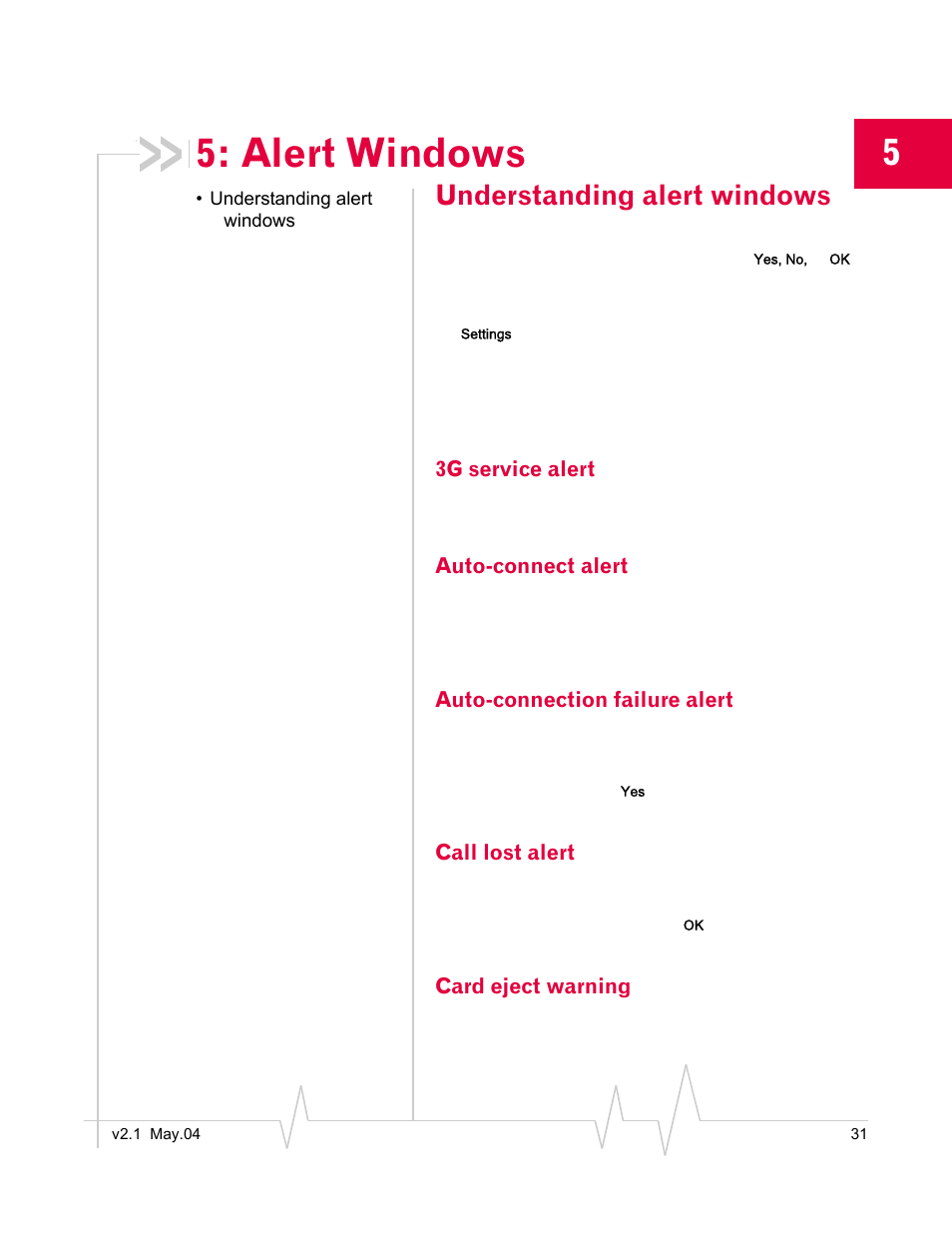 Alert windows, Understanding alert windows, 3g service alert | Auto-connect alert, Auto-connection failure alert, Call lost alert, Card eject warning | Standers 580 User Manual | Page 39 / 62