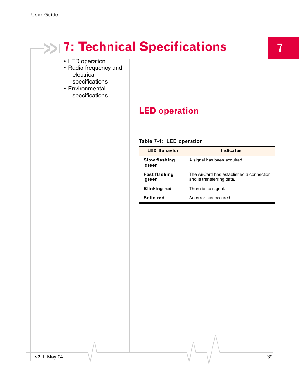 Technical specifications, Led operation, Radio frequency and electrical specifications | Environmental specifications, Table 7-1: led operation | Standers 580 User Manual | Page 47 / 62