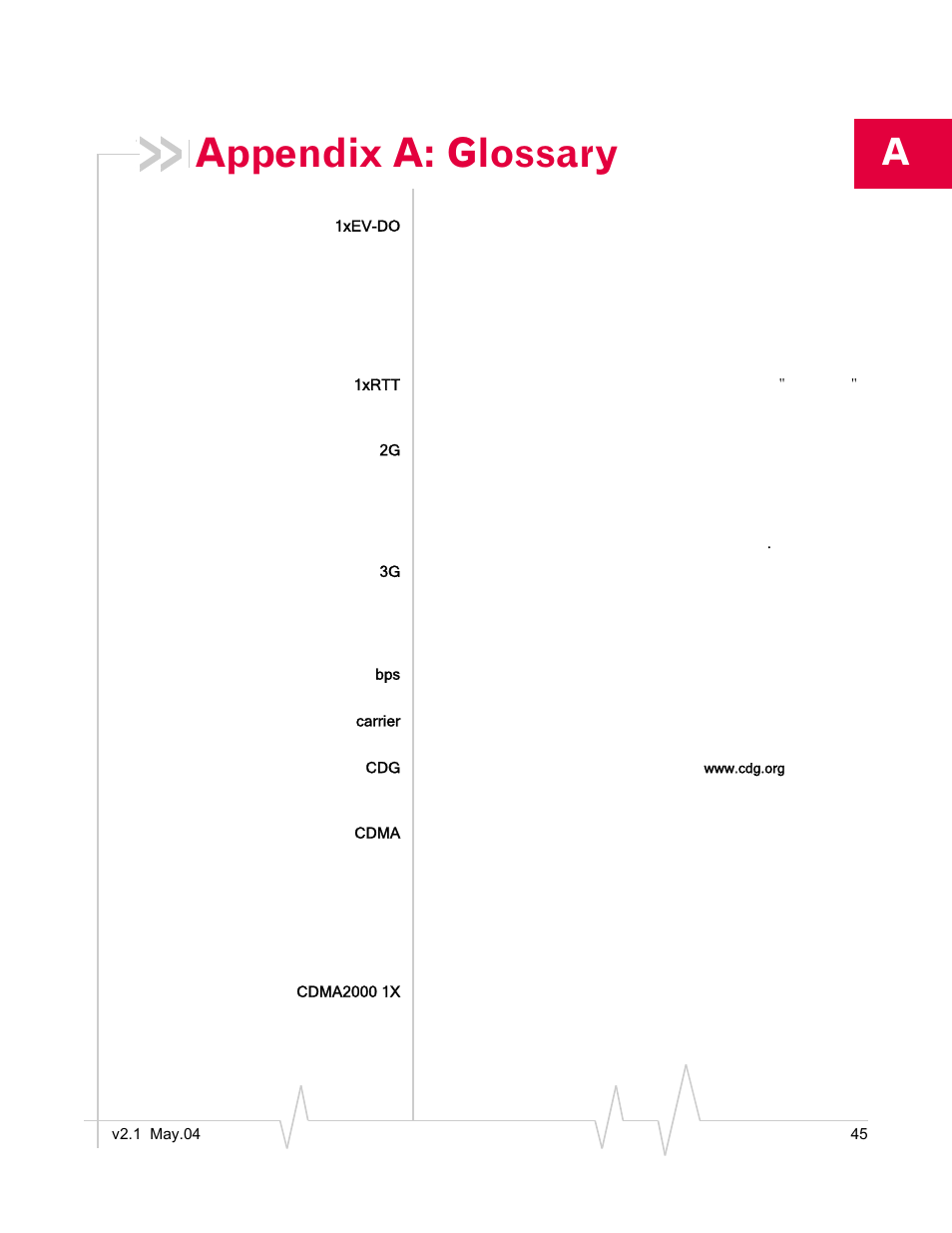 Appendix a: glossary, 1xev-do, 1xrtt | Carrier, Cdma, Cdma2000 1x, Glossary | Standers 580 User Manual | Page 53 / 62