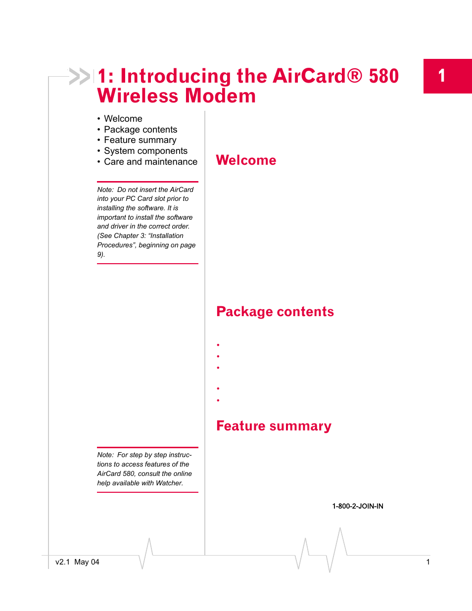 Introducing the aircard® 580 wireless modem, Welcome, Package contents | Feature summary, System components, Care and maintenance | Standers 580 User Manual | Page 9 / 62