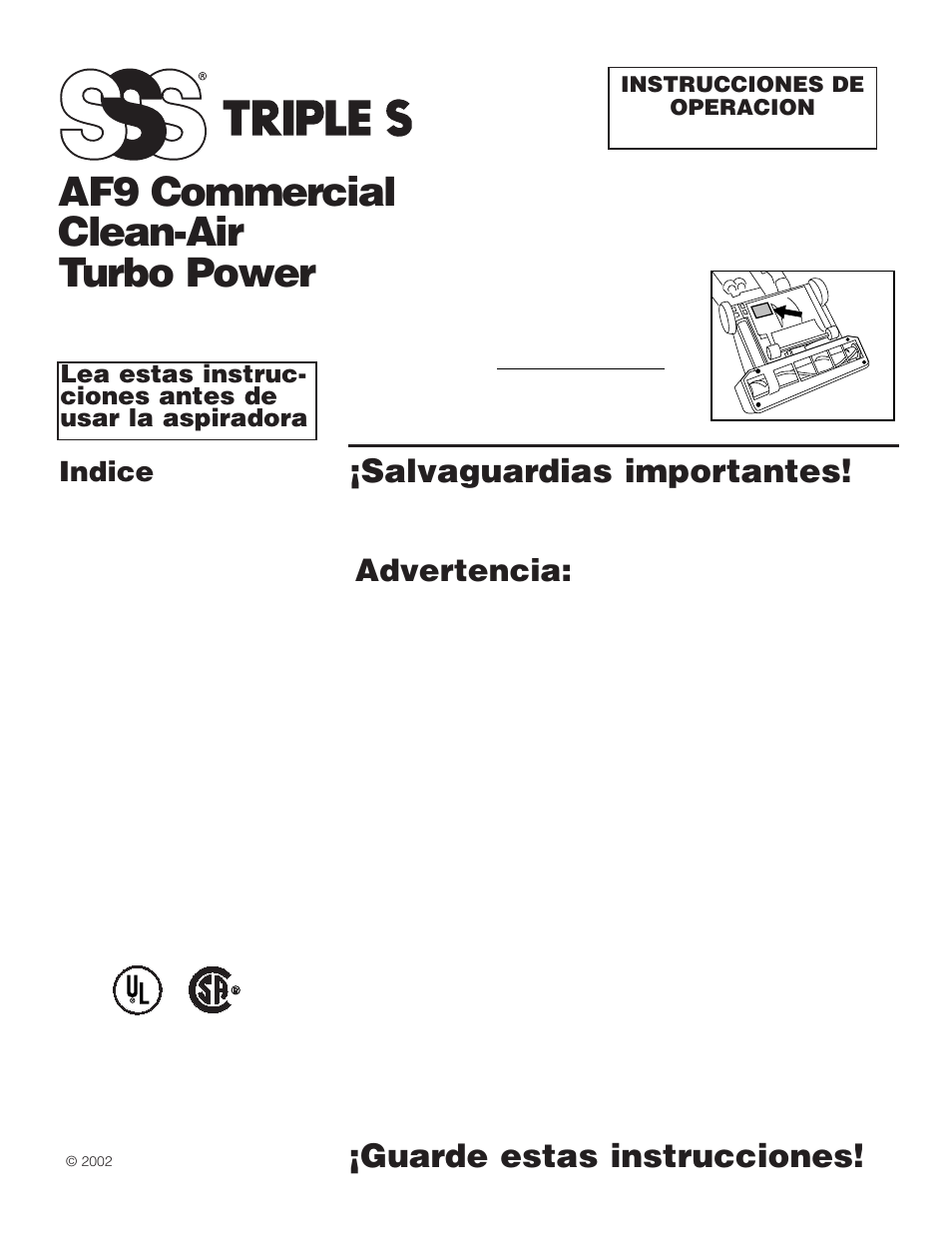 Af9 commercial clean-air turbo power, Guarde estas instrucciones, Salvaguardias importantes | Advertencia, Indice, Instrucciones de operacion | SSS AF9 User Manual | Page 13 / 24