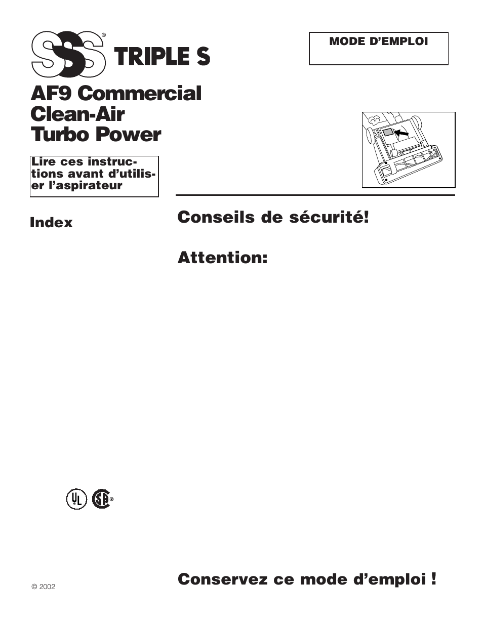 Af9 commercial clean-air turbo power, Conseils de sécurité, Attention | Conservez ce mode d’emploi, Index, Mode d’emploi | SSS AF9 User Manual | Page 19 / 24