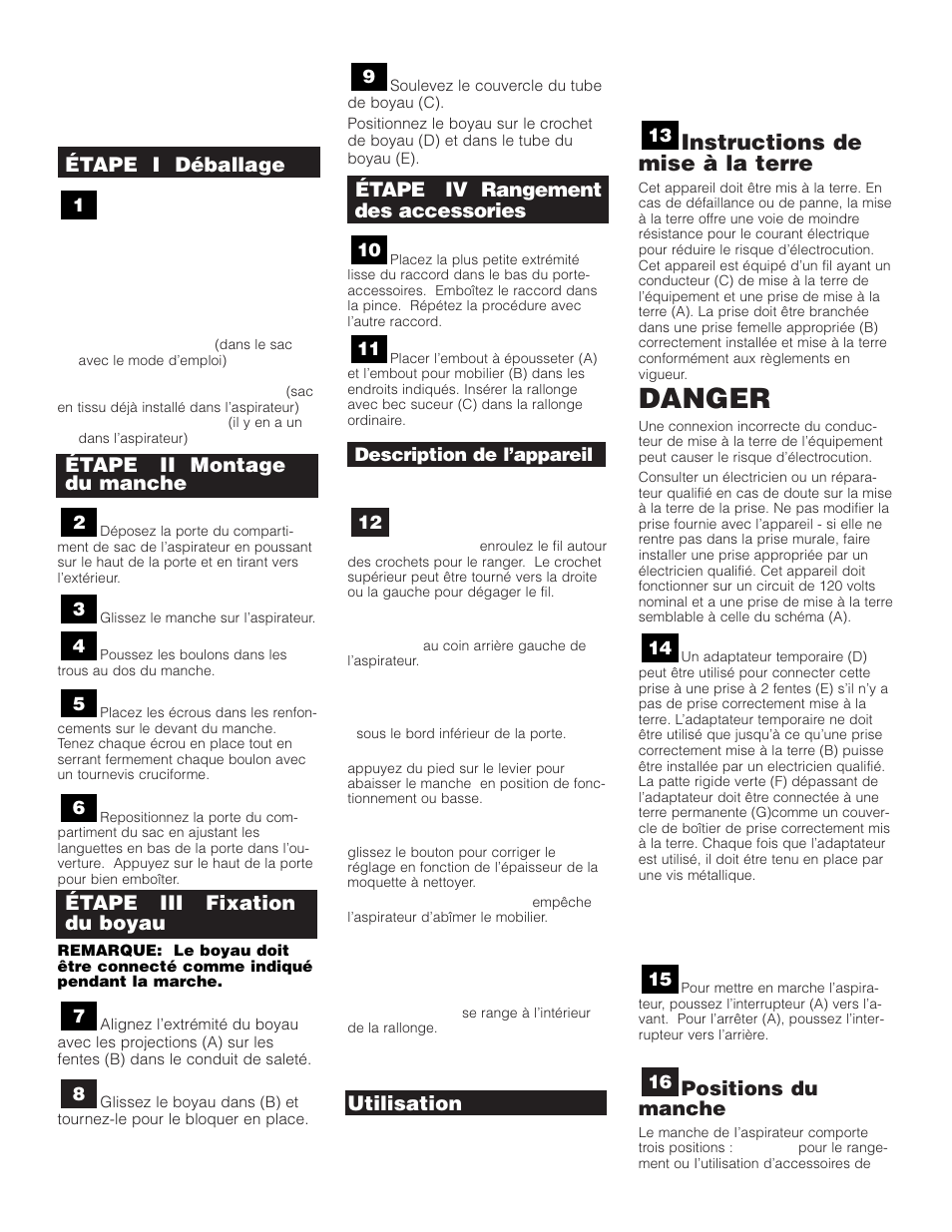 Danger, Instructions de mise à la terre, Positions du manche | Étape iv rangement des accessories, Utilisation, Étape i déballage, Étape ii montage du manche, Étape iii fixation du boyau | SSS AF9 User Manual | Page 20 / 24