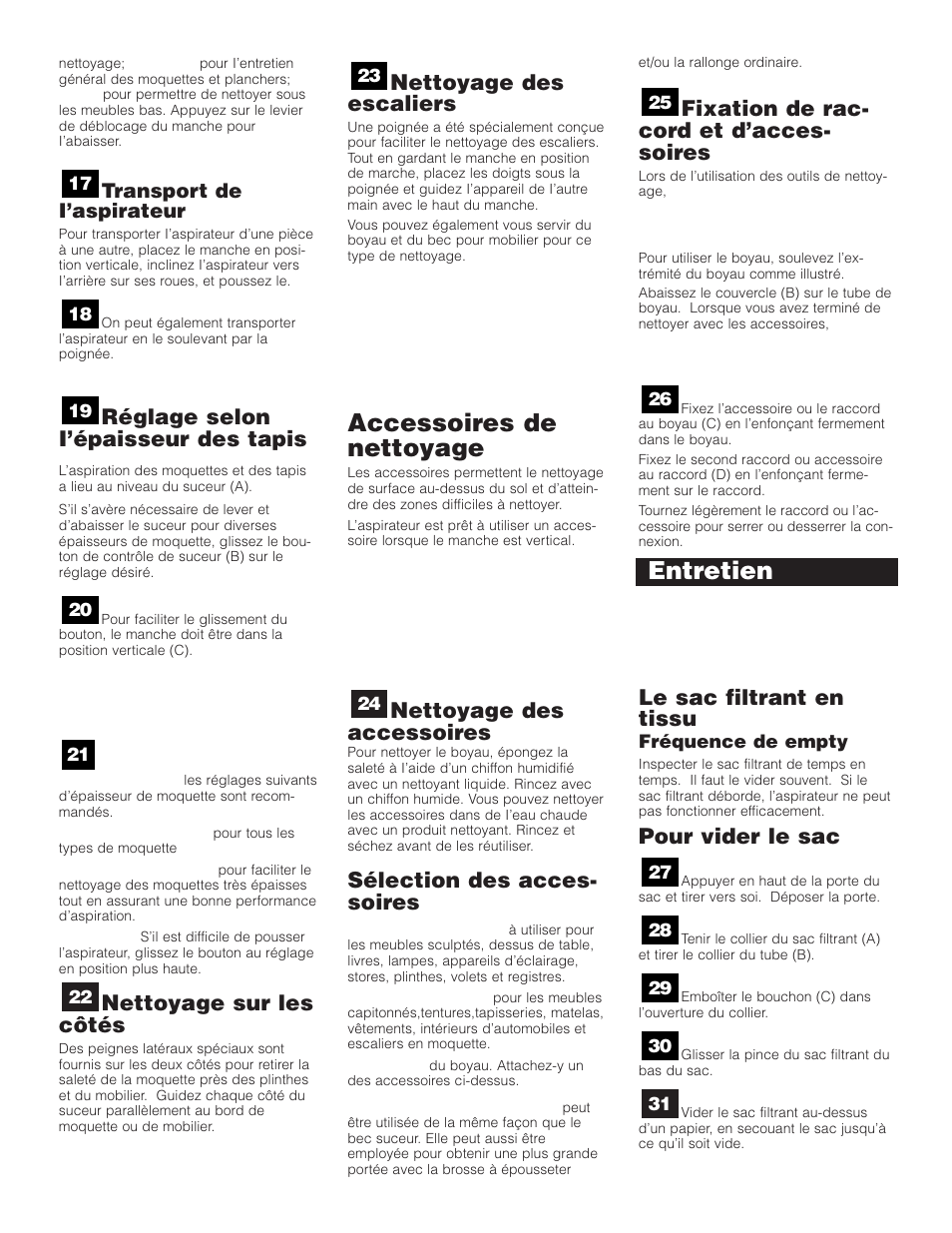 Accessoires de nettoyage, Entretien, Réglage selon i’épaisseur des tapis | Nettoyage sur les côtés, Nettoyage des escaliers, Nettoyage des accessoires, Sélection des acces- soires, Fixation de rac- cord et d’acces- soires, Le sac filtrant en tissu, Pour vider le sac | SSS AF9 User Manual | Page 21 / 24