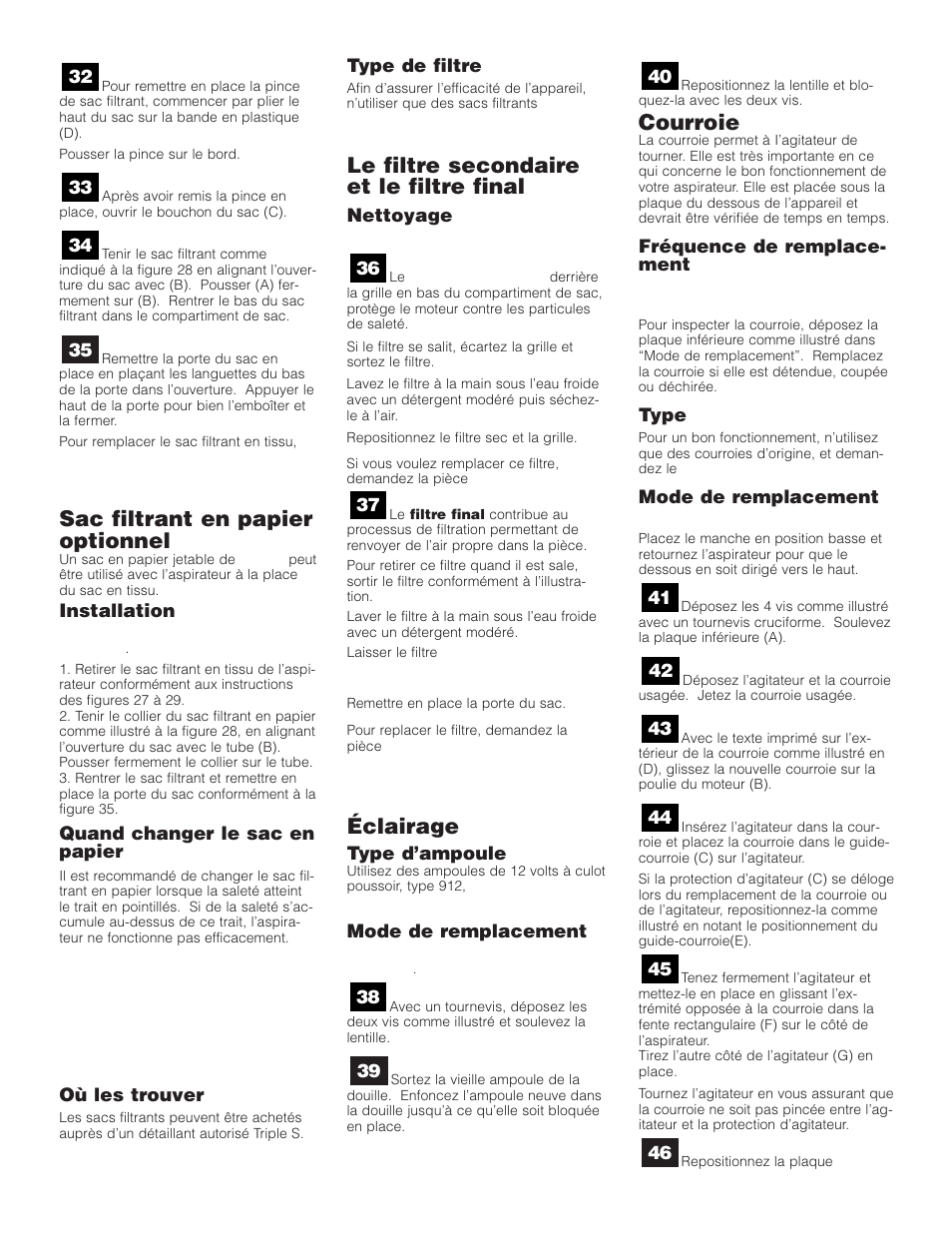 Sac filtrant en papier optionnel, Le filtre secondaire et le filtre final, Éclairage | Courroie | SSS AF9 User Manual | Page 22 / 24