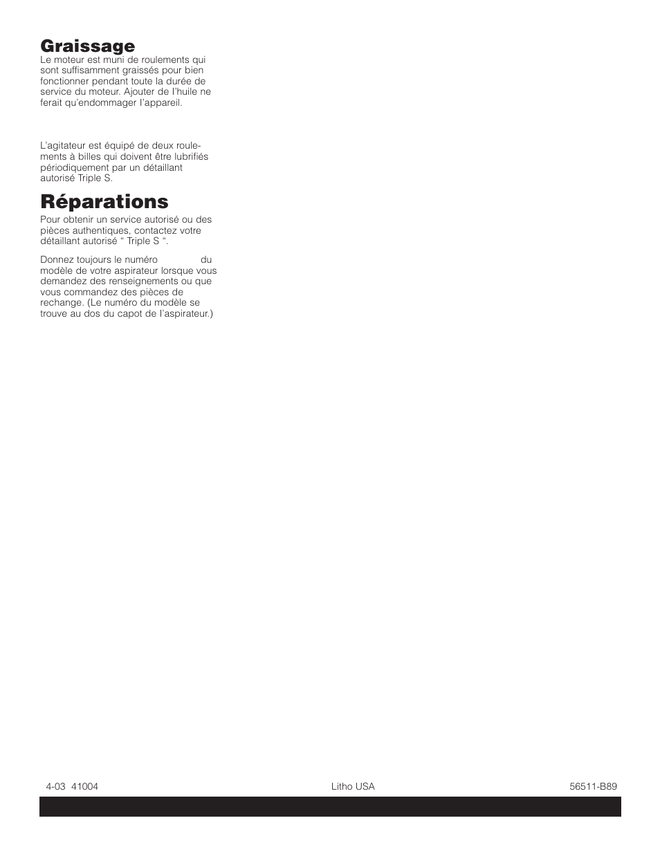 Réparations, Graissage | SSS AF9 User Manual | Page 24 / 24