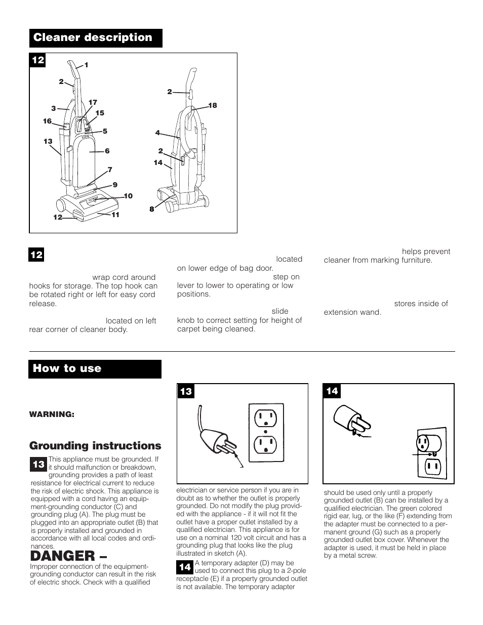 Danger, Cleaner description how to use, Grounding instructions | SSS AF9 User Manual | Page 4 / 24