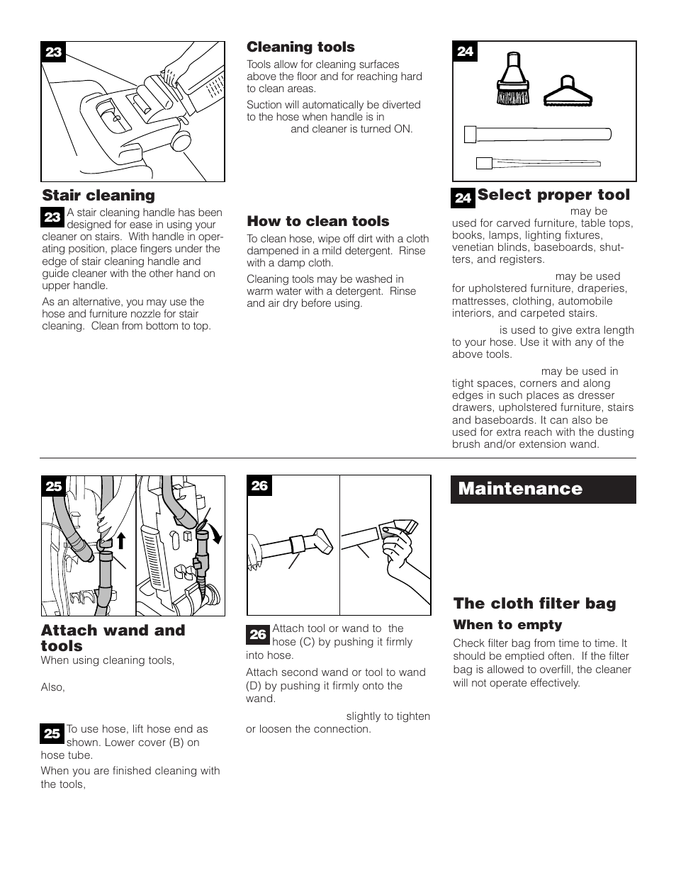 Maintenance, Attach wand and tools, Select proper tool | Stair cleaning, The cloth filter bag, Cleaning tools, How to clean tools | SSS AF9 User Manual | Page 6 / 24