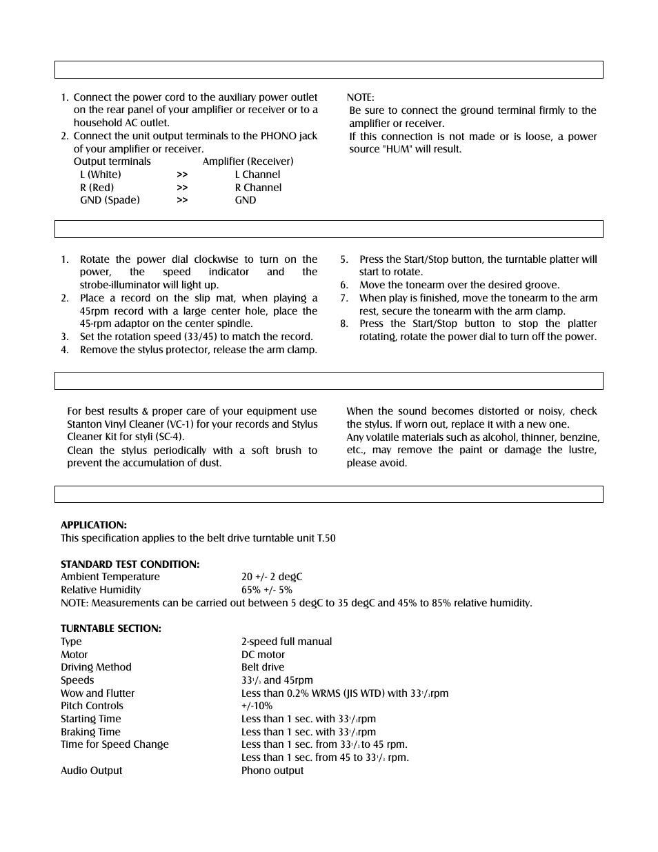 Connections operation maintenance specifications | Stanton T.5O User Manual | Page 6 / 10