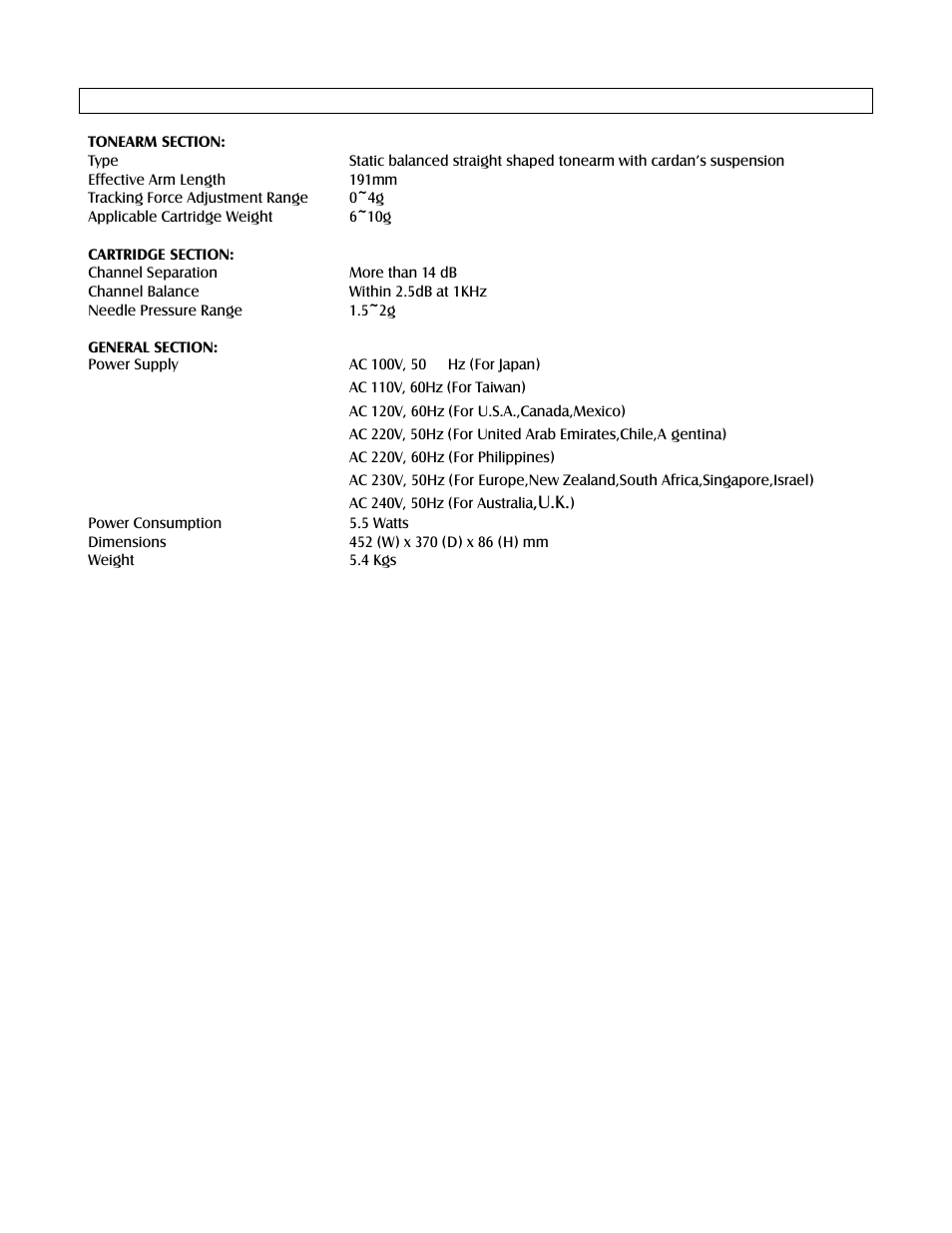 Specifications | Stanton T.5O User Manual | Page 7 / 10