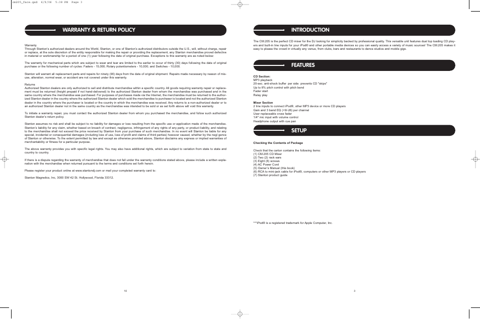 Introduction, Features setup, Warranty & return policy | Stanton CM.205 User Manual | Page 10 / 10