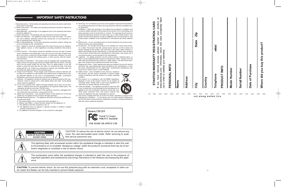 Important safety instructions, Caution | Stanton CM.205 User Manual | Page 2 / 10