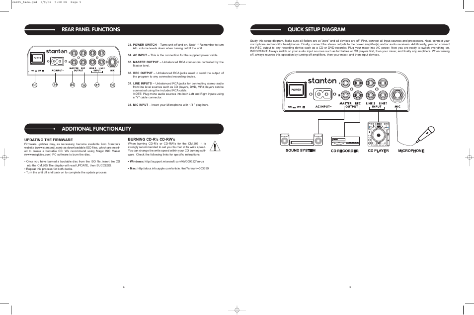 Quick setup diagram, Rear panel functions, Additional functionality | Stanton CM.205 User Manual | Page 8 / 10