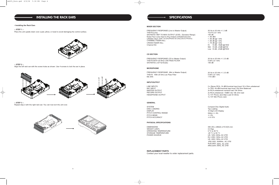 Installing the rack ears, Specifications | Stanton CM.205 User Manual | Page 9 / 10