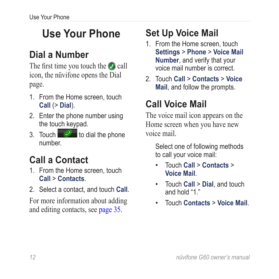 Use your phone, Dial a number, Call a contact | Set up voice mail, Call voice mail | Asus G60 User Manual | Page 20 / 100