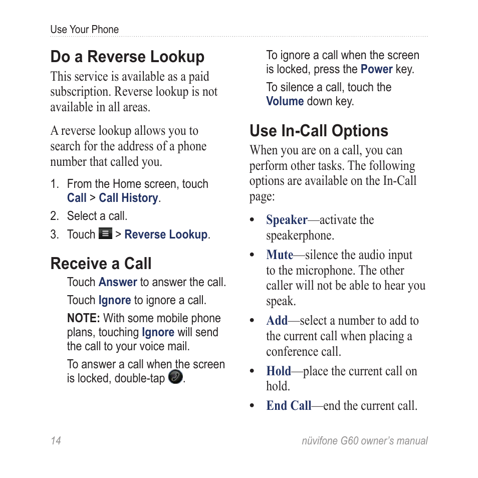 Do a reverse lookup, Receive a call, Use in-call options | Asus G60 User Manual | Page 22 / 100