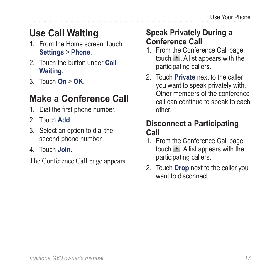 Use call waiting, Make a conference call | Asus G60 User Manual | Page 25 / 100