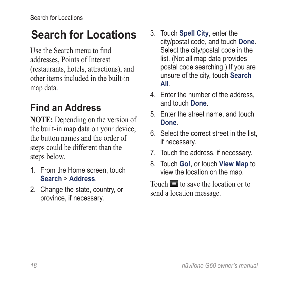 Search for locations, Find an address | Asus G60 User Manual | Page 26 / 100