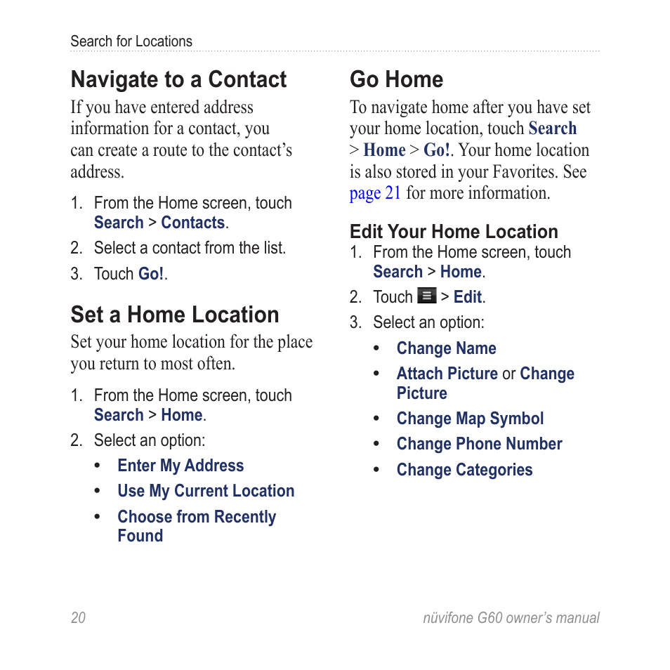 Navigate to a contact, Set a home location, Go home | Asus G60 User Manual | Page 28 / 100