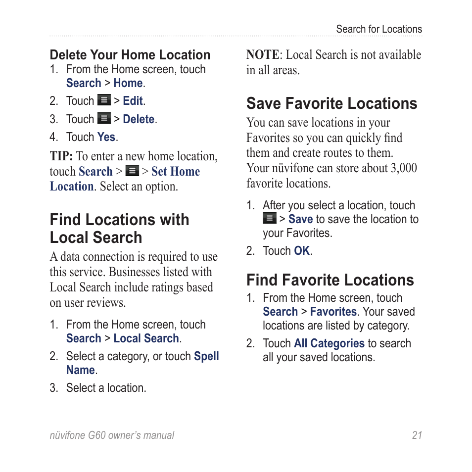 Find locations with local search, Save favorite locations, Find favorite locations | Find locations with local, Search | Asus G60 User Manual | Page 29 / 100