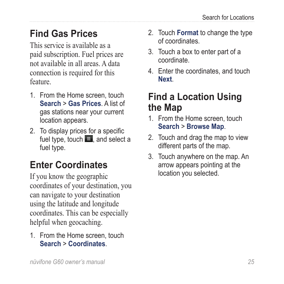 Find gas prices, Enter coordinates, Find a location using the map | Find a location using, The map | Asus G60 User Manual | Page 33 / 100