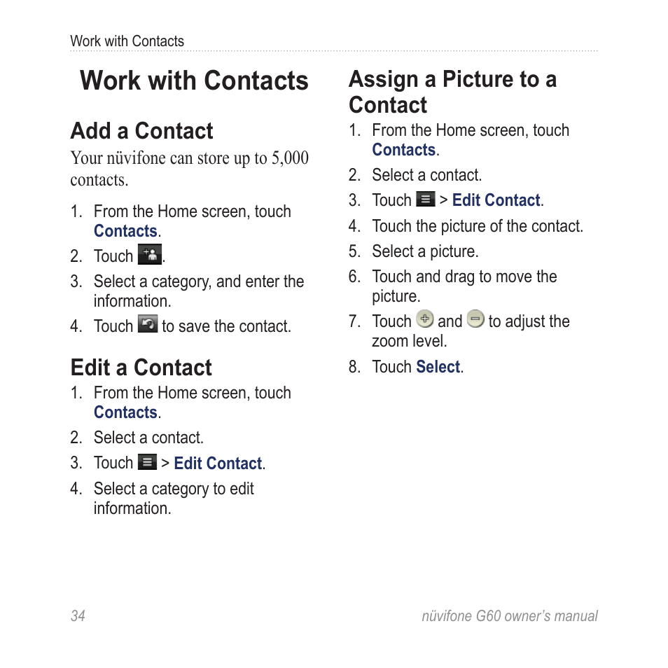 Work with contacts, Add a contact, Edit a contact | Assign a picture to a contact | Asus G60 User Manual | Page 42 / 100