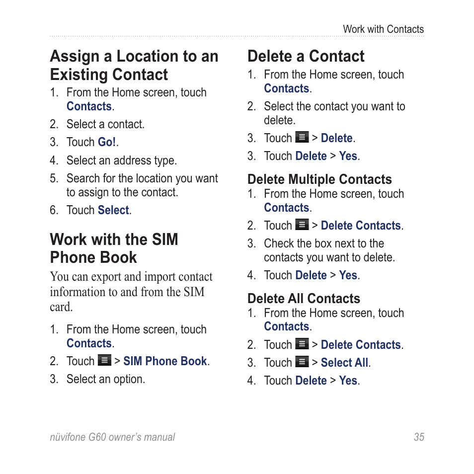 Assign a location to an existing contact, Work with the sim phone book, Delete a contact | Assign a location to an existing, Contact, Work with the sim phone, Book | Asus G60 User Manual | Page 43 / 100