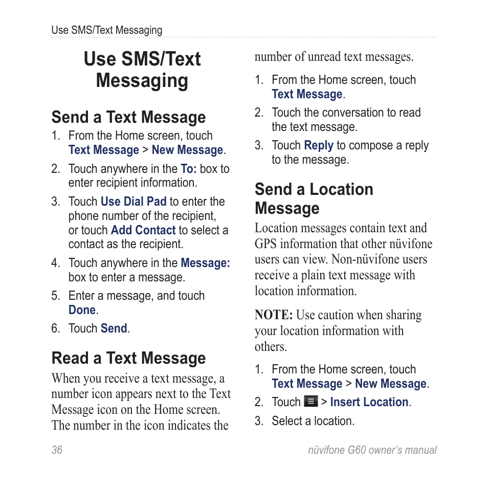 Use sms/text messaging, Send a text message, Read a text message | Send a location message | Asus G60 User Manual | Page 44 / 100