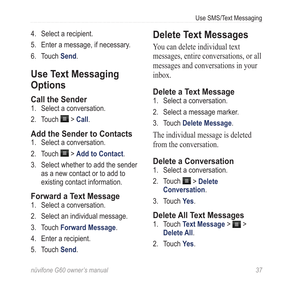 Use text messaging options, Delete text messages | Asus G60 User Manual | Page 45 / 100