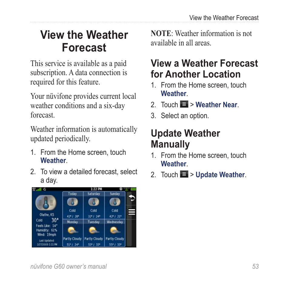 View the weather forecast, View a weather forecast for another location, Update weather manually | View the weather, Forecast, View a weather forecast for, Another location | Asus G60 User Manual | Page 61 / 100