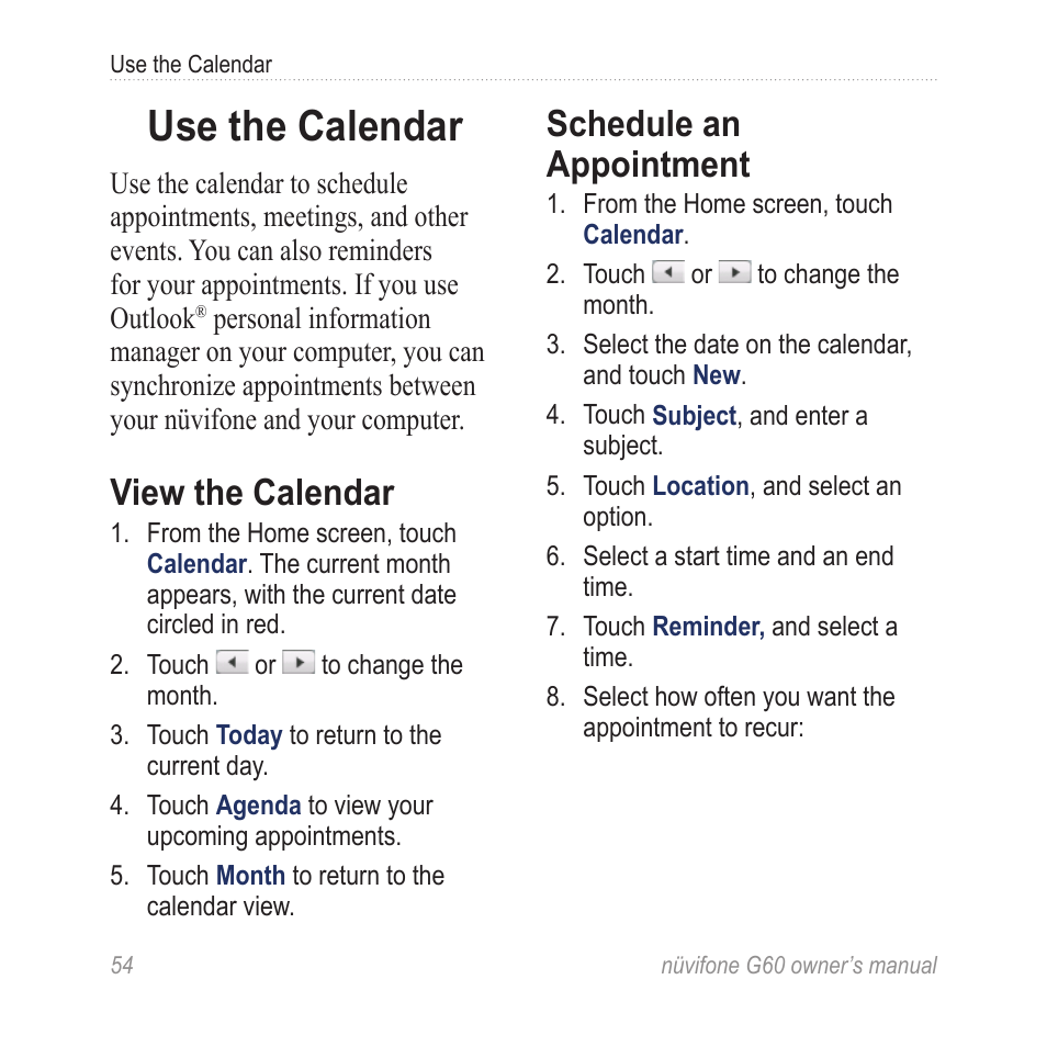 Use the calendar, View the calendar, Schedule an appointment | Asus G60 User Manual | Page 62 / 100