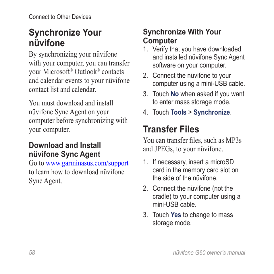 Synchronize your nüvifone, Transfer files | Asus G60 User Manual | Page 66 / 100