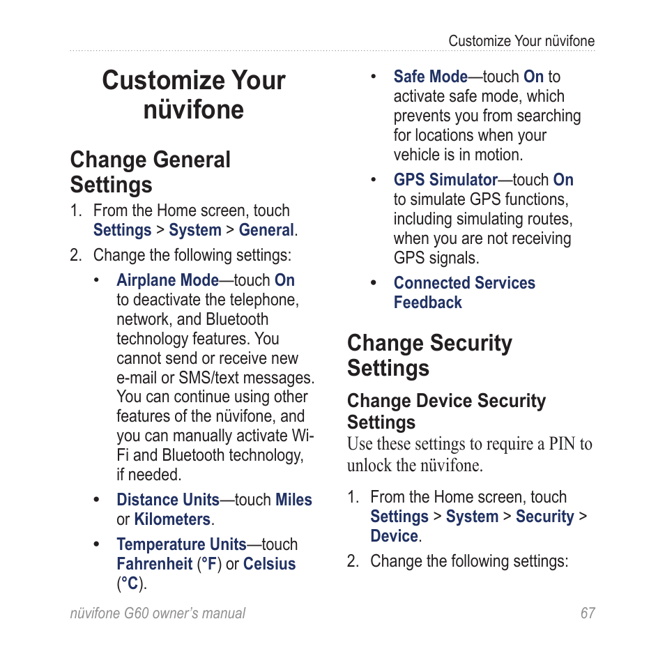 Customize your nüvifone, Change general settings, Change security settings | Customize your, Nüvifone | Asus G60 User Manual | Page 75 / 100