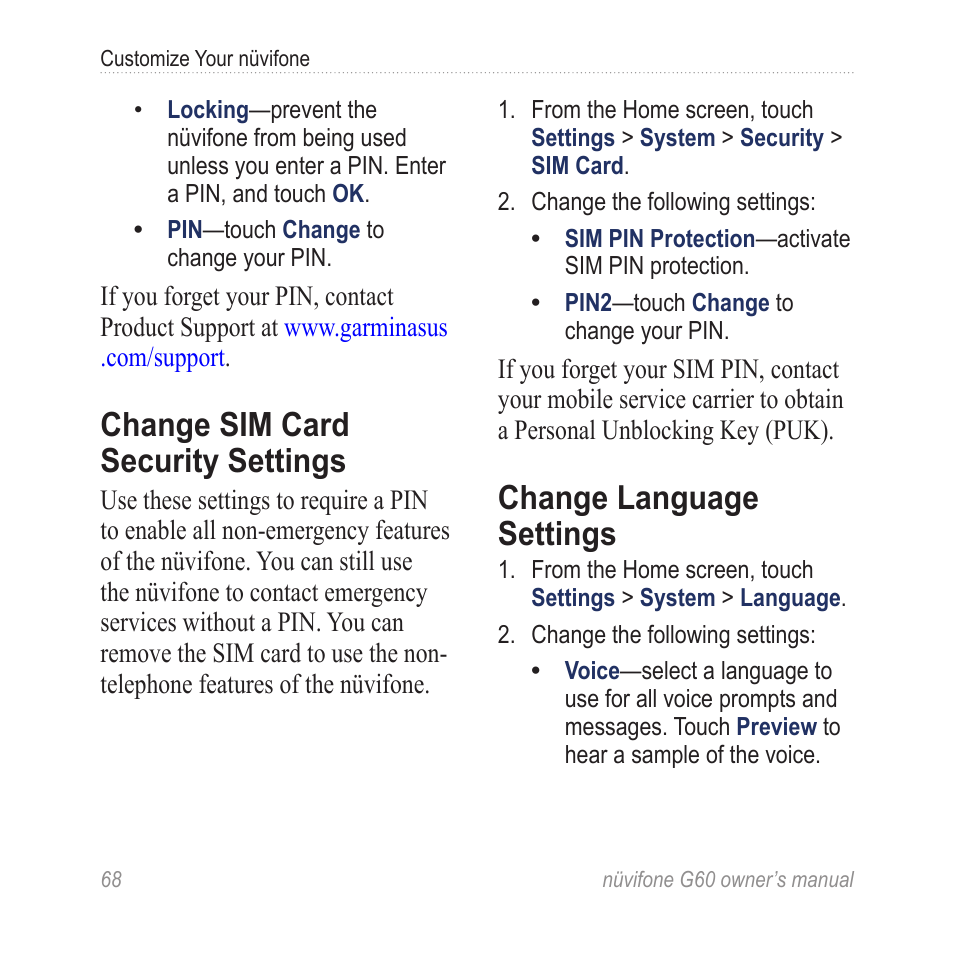 Change sim card security settings, Change language settings, Change sim card security | Settings | Asus G60 User Manual | Page 76 / 100