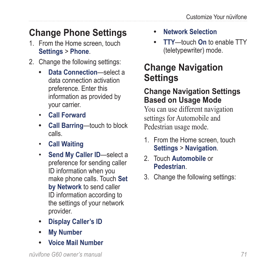 Change phone settings, Change navigation settings | Asus G60 User Manual | Page 79 / 100