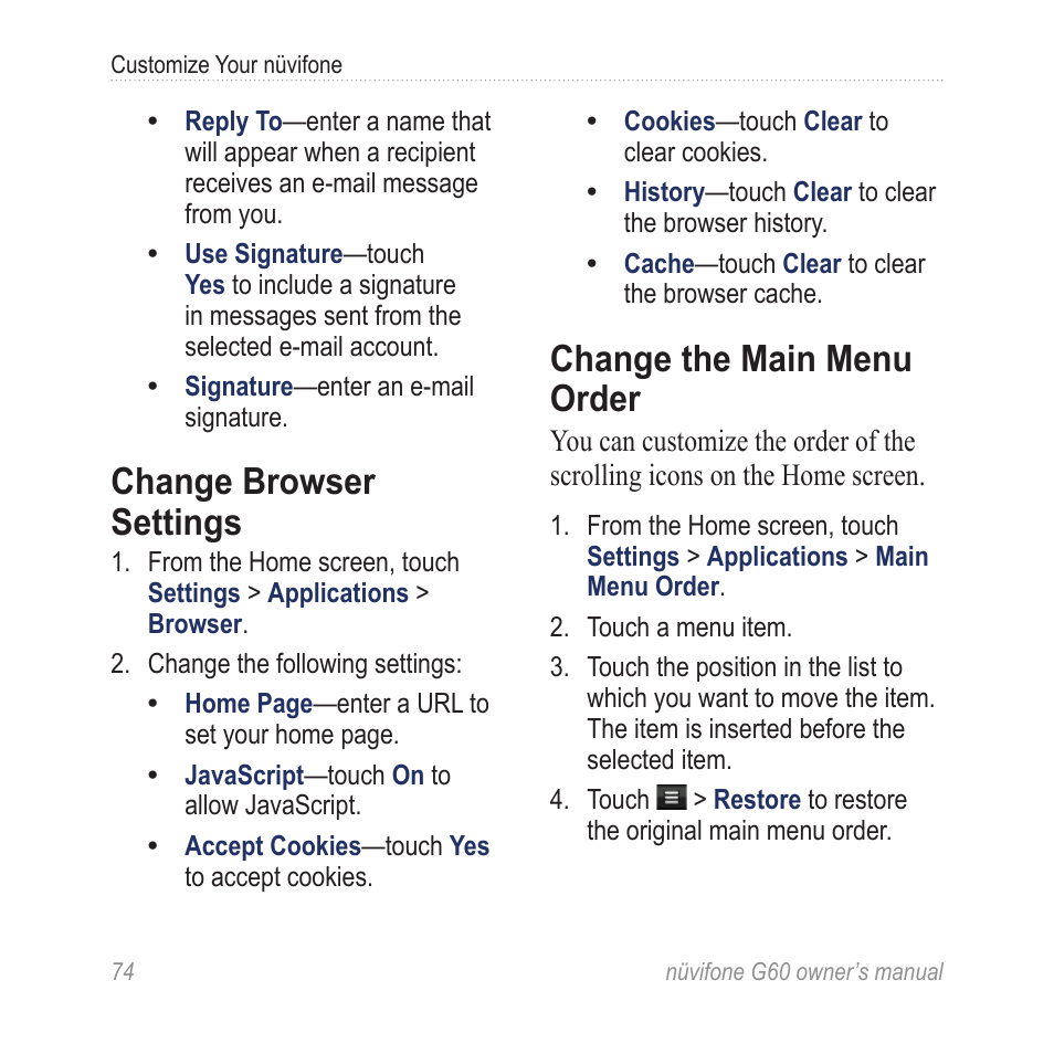 Change browser settings, Change the main menu order | Asus G60 User Manual | Page 82 / 100