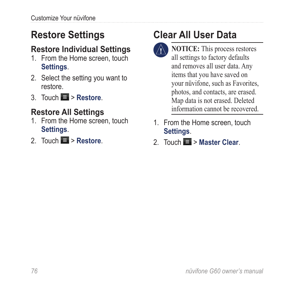 Restore settings, Clear all user data | Asus G60 User Manual | Page 84 / 100