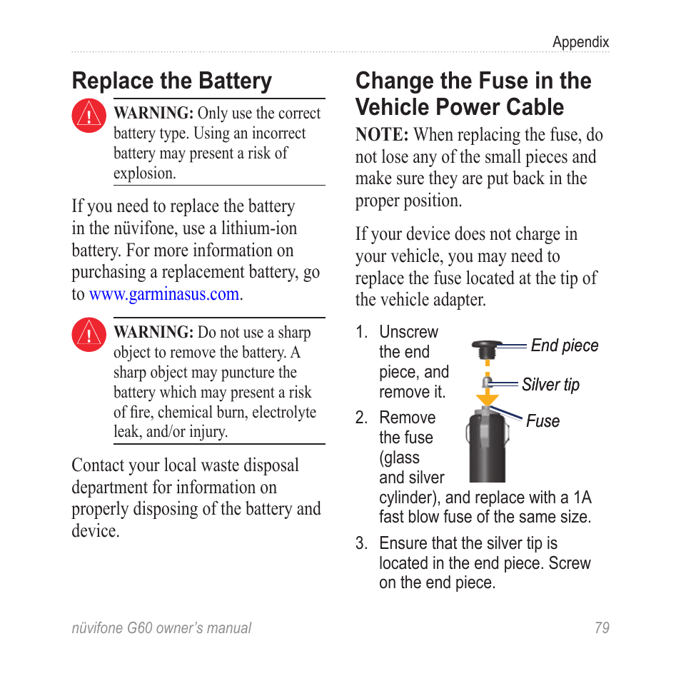 Replace the battery, Change the fuse in the vehicle power cable, Change the fuse in the vehicle | Power cable | Asus G60 User Manual | Page 87 / 100