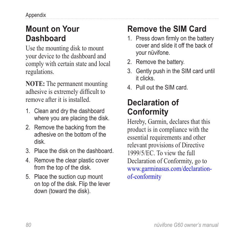 Mount on your dashboard, Remove the sim card, Declaration of conformity | Asus G60 User Manual | Page 88 / 100