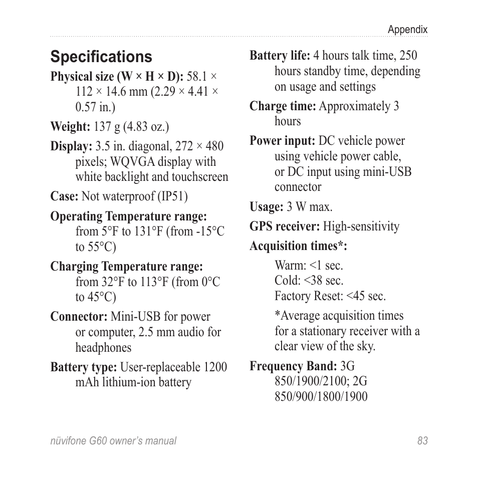 Specifications | Asus G60 User Manual | Page 91 / 100