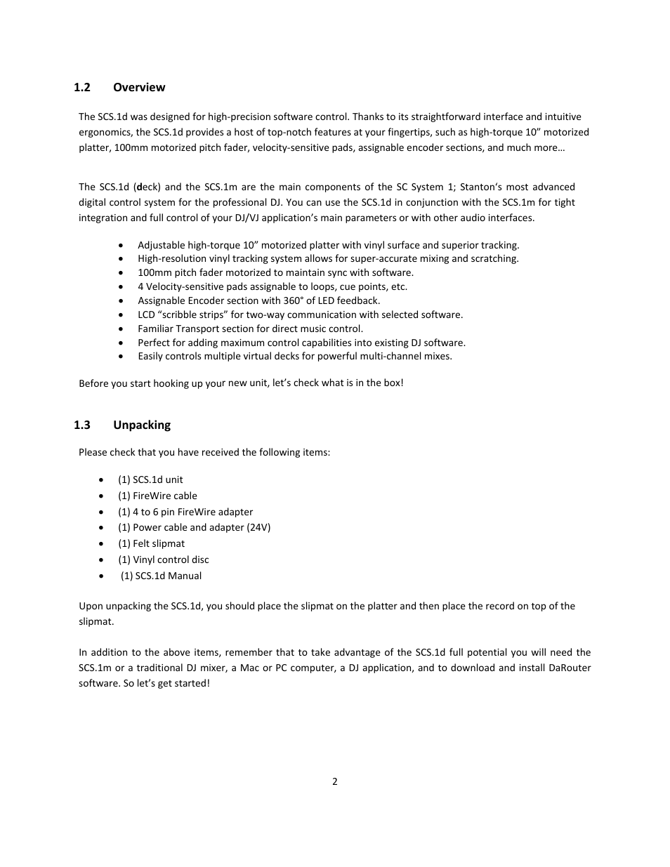 2 overview, 3 unpacking, Overview | Unpacking | Stanton Deck Control Surface SCS.1d User Manual | Page 5 / 51